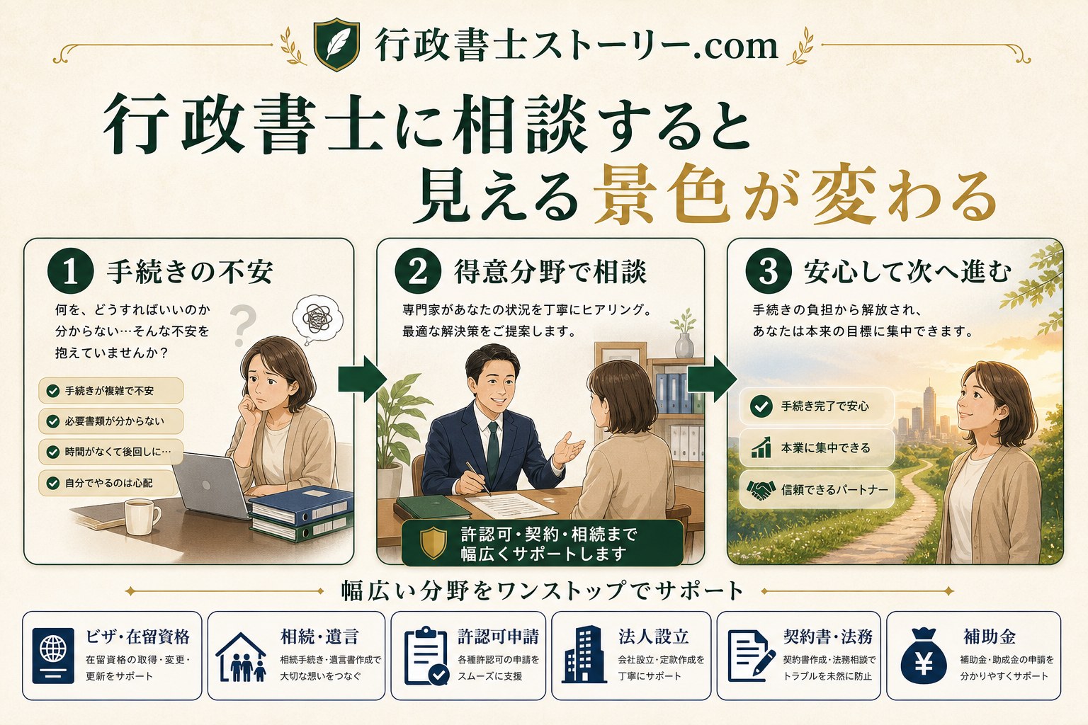 行政書士に相談すると見える景色が変わる流れの図解